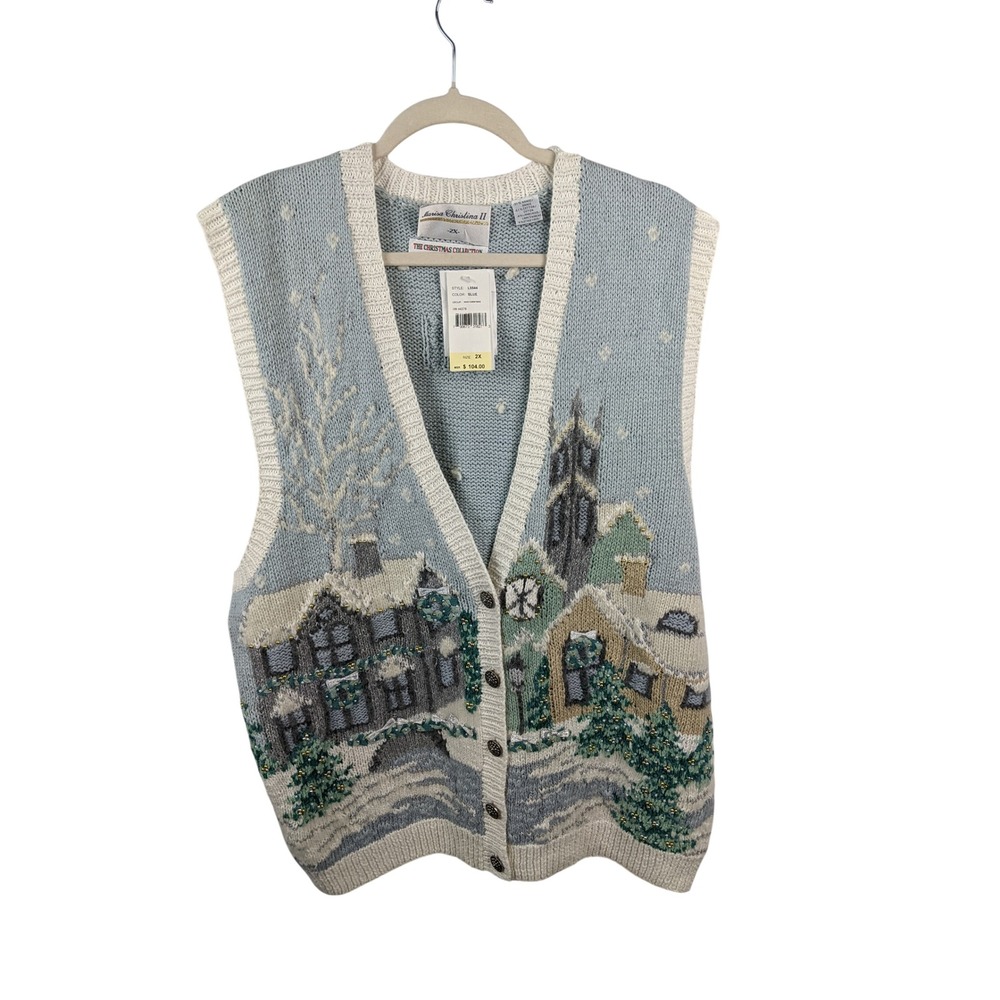 Marisa Christina Vintage 1995 Christmas Village Beaded Sweater Vest Blue 2X NWT